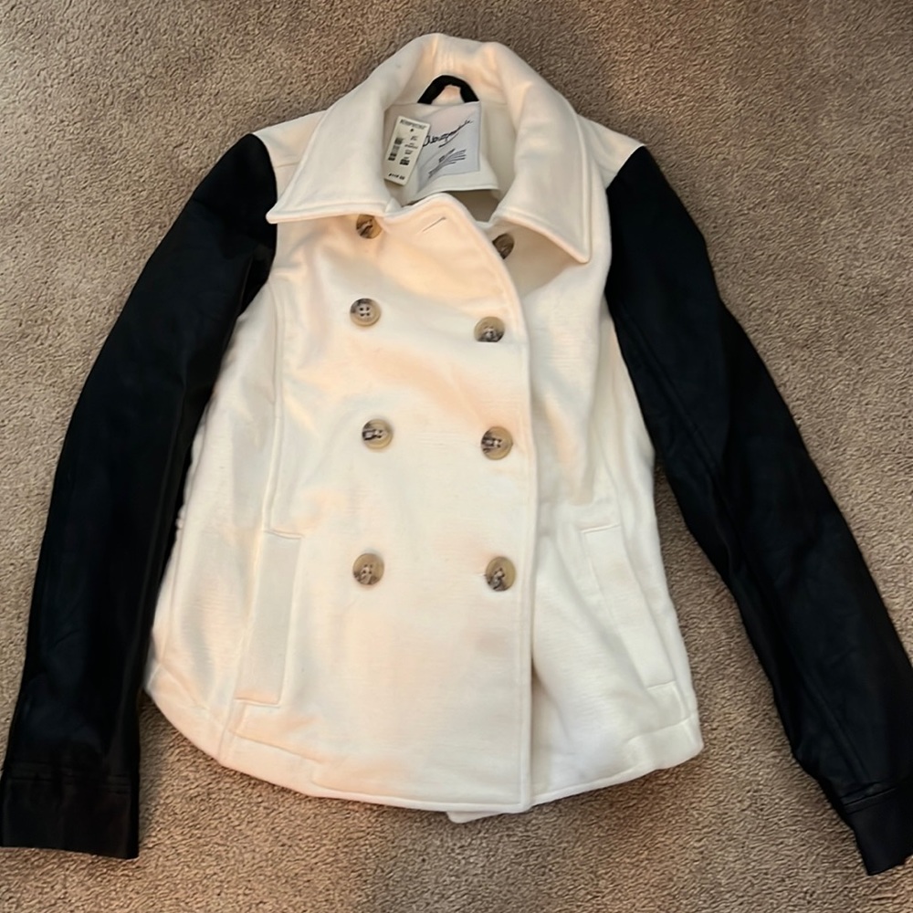 Pea coat with faux leather sleeves